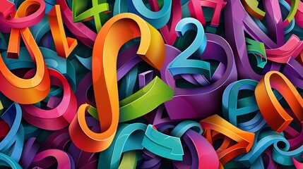 Colorful background with large numbers and letters 3D rendering of colorful ribbons in different colors