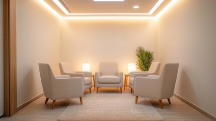 Fototapeta premium A serene interior space featuring four comfortable chairs, a central light, and a plant, creating a calming atmosphere.