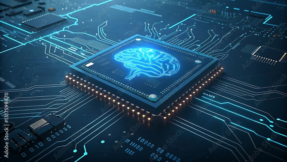 Aufkleber a glowing brain displayed on a microchip represents artificial intelligence technology and digital i