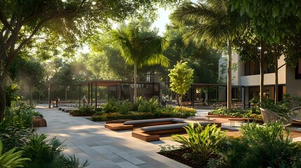 a serene park surrounded by lush trees and greenery. The scene is bathed in natural light, with walking path, benches, and structures