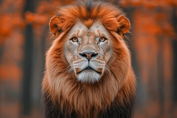 Fototapeta premium Majestic lion portrait, fiery mane, intense gaze.