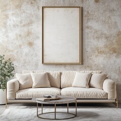 Interior scene featuring sofa with pillows and framed artwork on wall