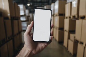 Close-up, hand holding smartphone with empty screen mockup in warehouse full of boxes