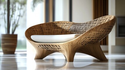 Fototapeta premium Stylish Wooden Lounge Chair in Modern Interior Design Space