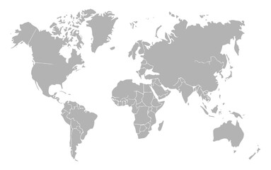 A world map with the continents of Africa, Europe, Asia, and America. The map is gray and white