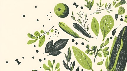 an illustration of various fresh ingredients and plants. The artwork features an array of greens
