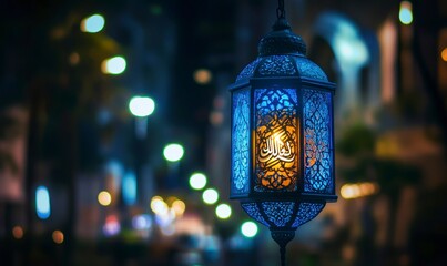 Illuminated Ramadan Lantern Hanging at Night with City Lights Bokeh
