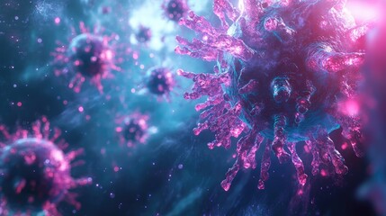 Fototapeta premium Close-up view of vibrant, colorful viruses floating in a cosmic environment with swirling nebulas in the background