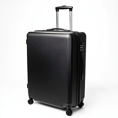 A professional black rolling suitcase with a modern finish, multiple compartments, and four wheels, isolated on a white background for business travelers.