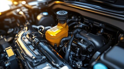 Fototapeta premium Close-up view of a car engine showcasing intricate components and a bright yellow reservoir, with sunlight reflecting off metal
