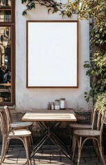 Blank Sign Above Cafe Table Outdoor Setting for Menu or Advertising