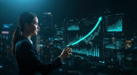 Businesswoman Analyzing Financial Growth Data on Futuristic Interface at Night