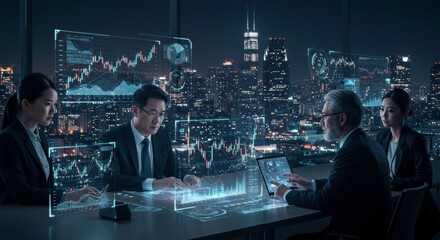 Diverse Business Team Analyzing Financial Data on Holographic Screens at Night