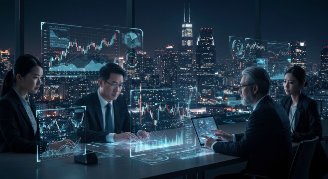 Diverse Business Team Analyzing Financial Data on Holographic Screens at Night