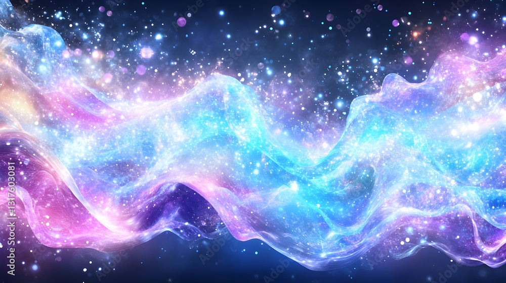 Poster cosmic waves of light and color flow through a dark starry background creating a dreamy ethereal eff