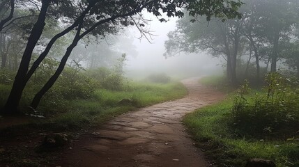 Obraz premium Serene Pathway Through Misty Forest in Tranquil Nature Scene