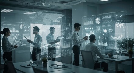 Diverse Team Analyzing Data on Interactive Holographic Displays in Modern Office