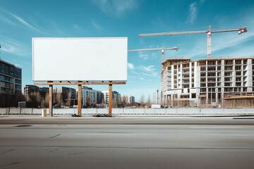 Obraz premium Empty white billboard near construction site with modern buildings and cranes in the background