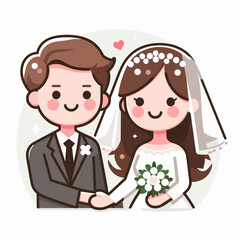 Cartoon Wedding: Illustration of a Groom and Bride in Formal Attire Holding Hands