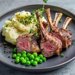 Grilled lamb chops with mashed potatoes and peas on a dark plate