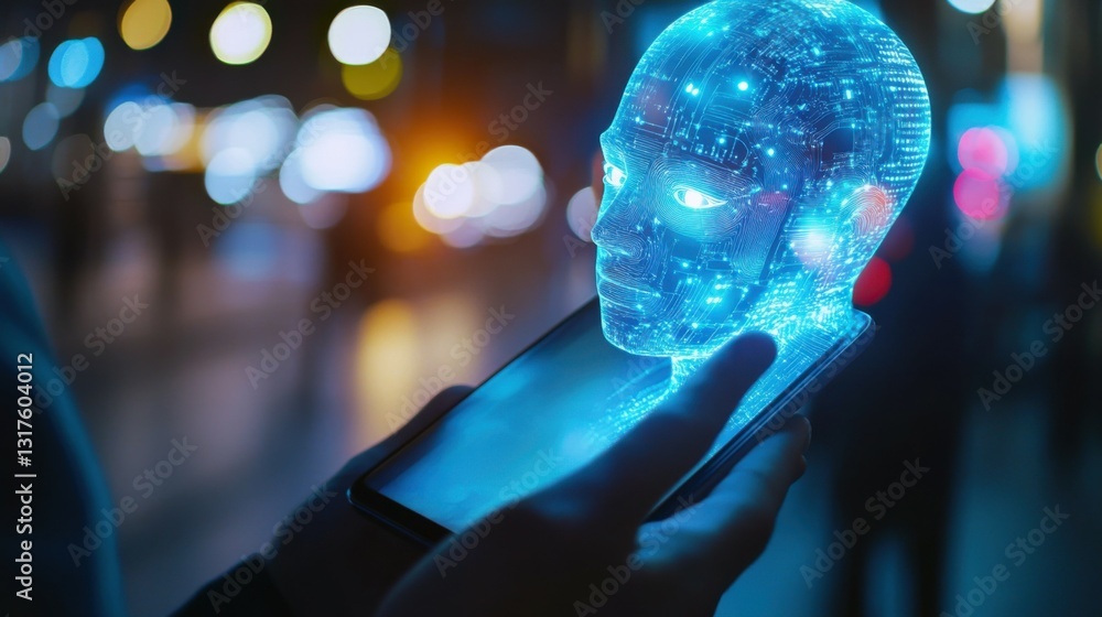 Poster close up of businessman hand using cellphone with glowing robot head on blurry background. chat bot 