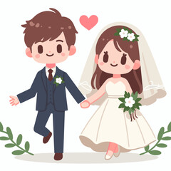 Charming Cartoon Couple Celebrating Their Wedding Day with Tender Affection