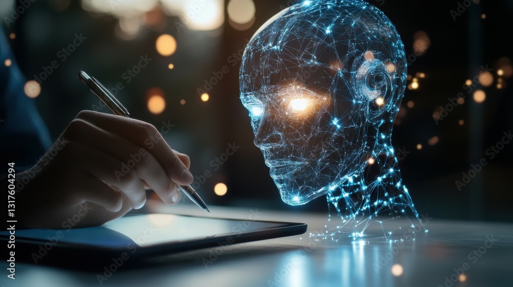 Poster close up of businessman hand with digital pen using tablet on desk with glowing robot head on blurry