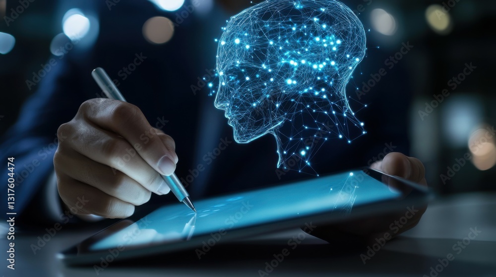 Poster close up of businessman hand with digital pen using tablet on desk with glowing robot head on blurry