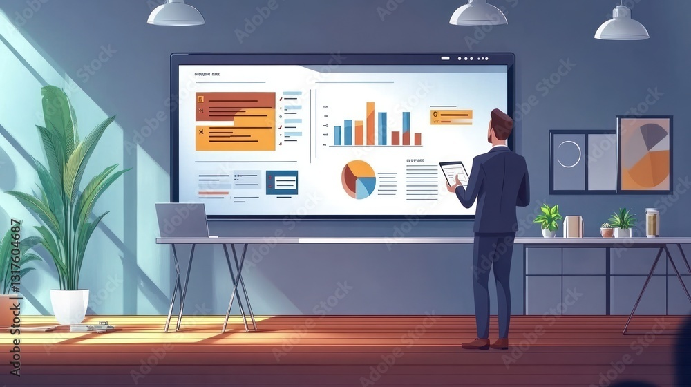 Poster businessman analyzing data on large screen display in modern office