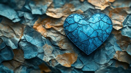 Cracked blue heart on crumpled paper background