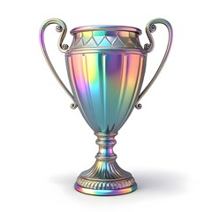 Iridescent trophy cup with holographic metallic finish and ornate handles on a white background