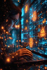 Fototapeta premium Woman coding late night, vibrant screen glow