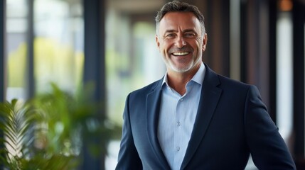 Fototapeta premium Half length portrait of successful happy businessman middle aged dressed in stylish formal wear laughing at camera.Positive mature entrepreneur in suit standing in office interior.Cheerful proud ceo