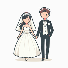 Fototapeta premium Delightful cartoon illustration of a newlywed couple holding hands