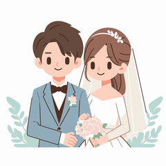 Charming cartoon depiction of a newlywed couple in elegant attire, joyful vibe