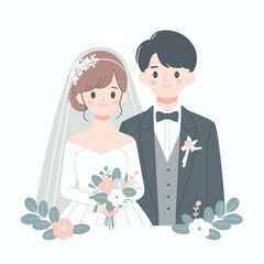 Charming cartoon illustration of a bride and groom on their wedding day