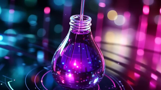 A vibrant, illuminated potion bottle with colorful reflections and digital patterns.