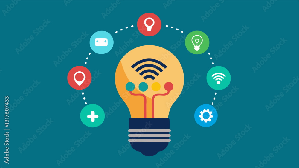 Poster innovation lightbulb a lightbulb filled with network connectivity icons and signals that radiate out