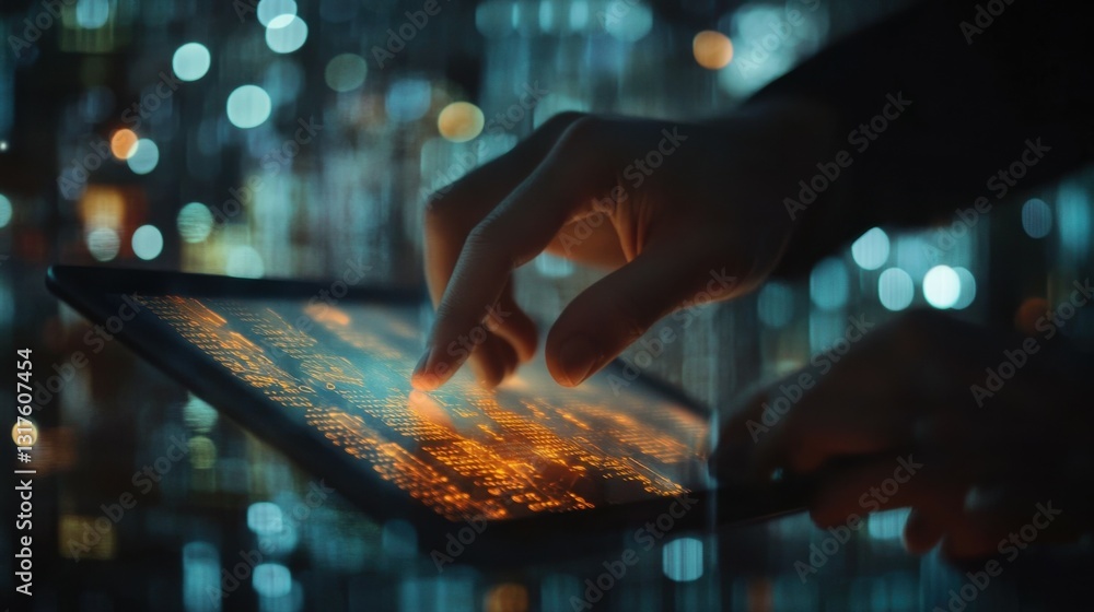 Poster close up of businessman hands using tablet with creative glowing business chart and ai binary code n