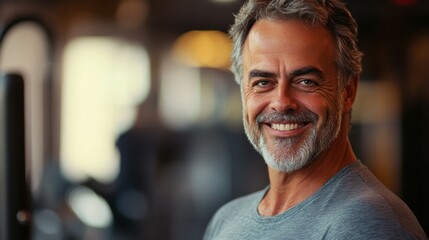 Gym, a smiling portrait of a man in his forties exercising at a health club.