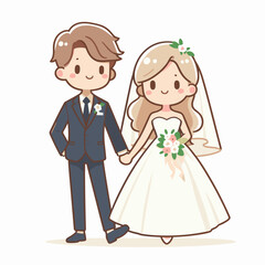 Fototapeta premium Cute cartoon wedding couple illustration holding hands in formal attire