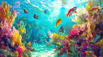 Vibrant coral reef teeming with colorful fish, sunlight filtering through the water; perfect for marine life documentaries or travel brochures