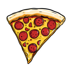 Vector illustrated slice of pepperoni pizza with golden cheese and crust. Ideal for culinary, fast food, or snack-themed projects and designs.