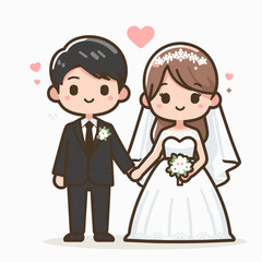 Cute cartoon illustration of a newly married couple in wedding attire