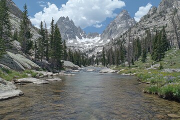 Obraz premium Mountain vista over river, trees, with snow-capped peaks
