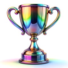 Iridescent trophy cup with holographic metallic finish and ornate handles on a white background