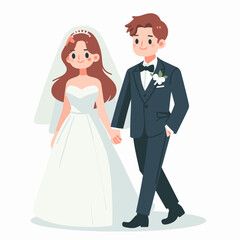 Animated Wedding Couple Holding Hands on Their Special Day Illustration
