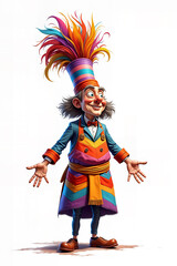 Fototapeta premium A cheerful, colorfully dressed circus ringmaster with a vibrant feathered hat, illustrated in a whimsical, cartoon style.