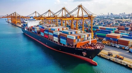 Fototapeta premium Cargo ship being loaded at a dock with containers. Docks visible in background