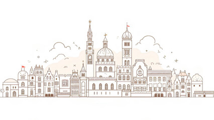Obraz premium detailed line art illustration of city skyline featuring various architectural styles, including towers, domes, and decorative elements, set against light background